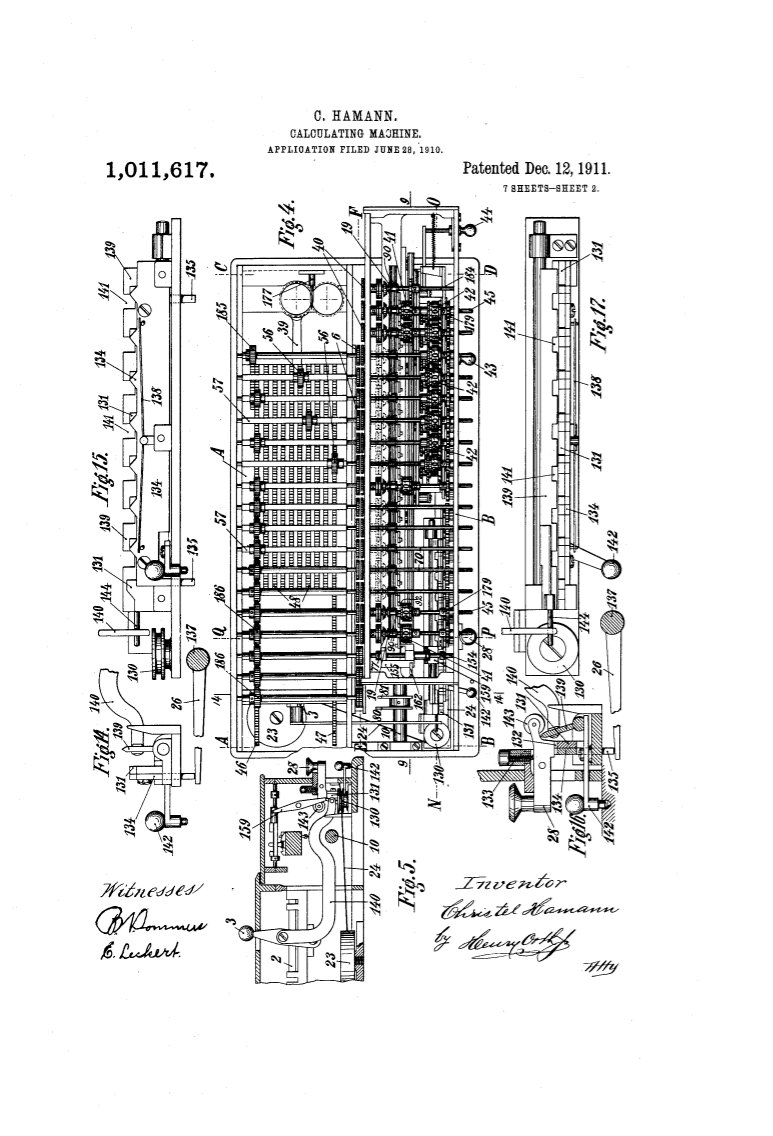 Princip kalkulátoru Mercedes Euklid podle patentové přihlášky US1011617