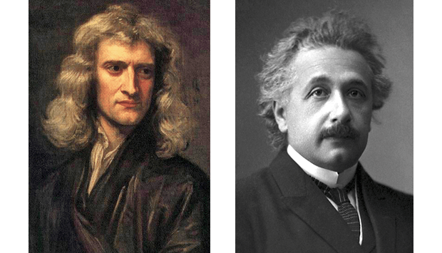 Newton a Einstein. Každý dodá vzorec pro kinetickou energii, vzorce jsou jiné a přesto oba správně. Zdroj: https://www.science.org.au/curious/space-time/gravity