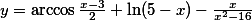 y=\arccos\frac{x-3}{2}+\ln(5-x)-\frac{x}{x^2-16}