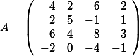 A=\left( \begin {array}{rrrr} 4 & 2 & 6 & 2 \\  2 & 5 & -1 & 1 \\ 6 & 4 & 8 & 3\\-2 & 0 & -4 & -1 \end{array}\right)