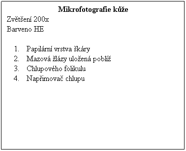 Textov pole: Mikrofotografie ke
Zvten 200x 
Barveno HE
 
Papilrn vrstva kry
Mazov lzy uloen pobl
Chlupovho folikulu
Napimova chlupu
 
 
