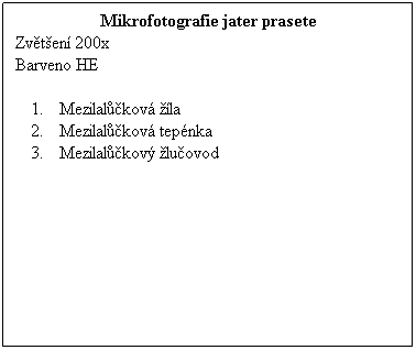 Textov pole: Mikrofotografie jater prasete
Zvten 200x 
Barveno HE
 
Mezilalkov la
Mezilalkov tepnka
Mezilalkov luovod 
 
 
 
