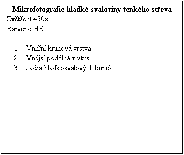 Textov pole: Mikrofotografie hladk svaloviny tenkho steva
Zvten 450x 
Barveno HE
 
Vnitn kruhov vrstva
Vnj podln vrstva
Jdra hladkosvalovch bunk
 
 
 
