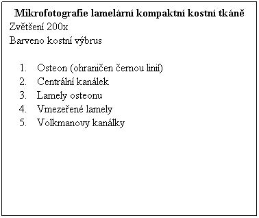 Textov pole: Mikrofotografie lamelrn kompaktn kostn tkn
Zvten 200x 
Barveno kostn vbrus
 
Osteon (ohranien ernou lini)
Centrln kanlek
Lamely osteonu
Vmezeen lamely
Volkmanovy kanlky
 
 
 
