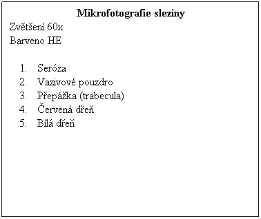 Textov pole: Mikrofotografie sleziny
Zvten 60x 
Barveno HE
 
Serza
Vazivov pouzdro
Pepka (trabecula)
erven de
Bl de
 
 
 
 
 
