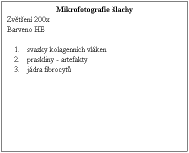 Textov pole: Mikrofotografie lachy
Zvten 200x 
Barveno HE
 
svazky kolagennch vlken 
praskliny - artefakty
jdra fibrocyt 
 
 
 
