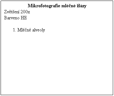 Textové pole: Mikrofotografie mléčné žlázy
Zvětšení 200x 
Barveno HE
 
1. Mléčné alveoly
 
 
 
 
 
