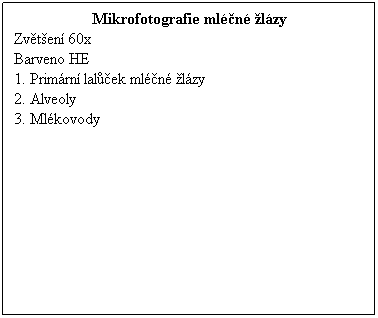 Textov pole: Mikrofotografie mln lzy
Zvten 60x 
Barveno HE
1. Primrn lalek mln lzy
2. Alveoly
3. Mlkovody
 
 
 
 
 
 
