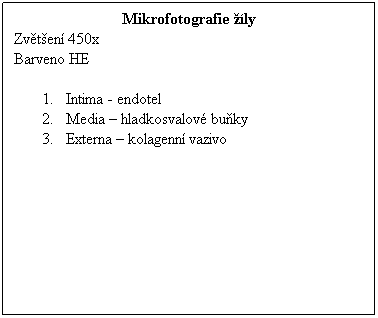 Textov pole: Mikrofotografie ly
Zvten 450x 
Barveno HE
 
1.      Intima - endotel
2.      Media  hladkosvalov buky
3.      Externa  kolagenn vazivo
 
 
 
 
 
 
