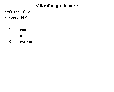 Textov pole: Mikrofotografie aorty
Zvten 200x 
Barveno HE
 
t. intima
t. mdia
t. externa
 
 
