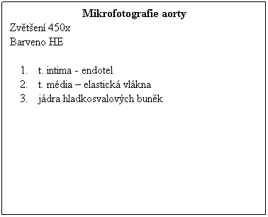 Textov pole: Mikrofotografie aorty
Zvten 450x 
Barveno HE
 
t. intima - endotel
t. mdia  elastick vlkna
jdra hladkosvalovch bunk
 
 
