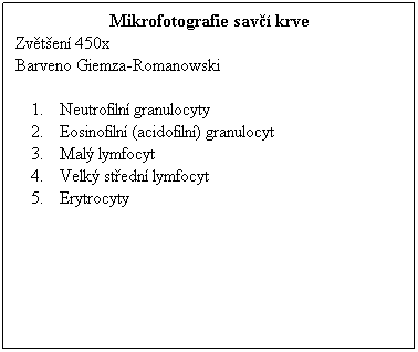 Textov pole: Mikrofotografie sav krve
Zvten 450x 
Barveno Giemza-Romanowski
 
Neutrofiln granulocyty
Eosinofiln (acidofiln) granulocyt
Mal lymfocyt
Velk stedn lymfocyt
Erytrocyty
 
 
 
