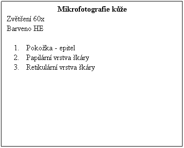 Textov pole: Mikrofotografie ke
Zvten 60x 
Barveno HE
 
Pokoka - epitel
Papilrn vrstva kry
Retikulrn vrstva kry
 
 
