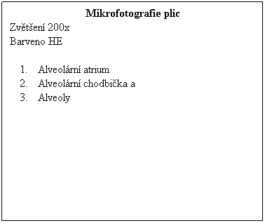 Textov pole: Mikrofotografie plic
Zvten 200x 
Barveno HE
 
Alveolrn atrium
Alveolrn chodbika a
Alveoly
 
 
 
 
 
