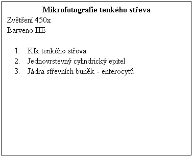 Textov pole: Mikrofotografie tenkho steva
Zvten 450x 
Barveno HE
 
Klk tenkho steva
Jednovrstevn cylindrick epitel
Jdra stevnch bunk - enterocyt
 
 
 
