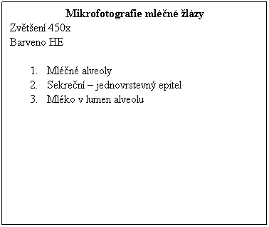 Textov pole: Mikrofotografie mln lzy
Zvten 450x 
Barveno HE
 
1.      Mln alveoly
2.      Sekren  jednovrstevn epitel
3.      Mlko v lumen alveolu
 
 
 
 
 
