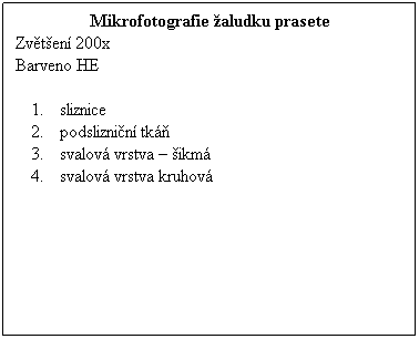 Textov pole: Mikrofotografie aludku prasete
Zvten 200x 
Barveno HE
 
sliznice
podsliznin tk
svalov vrstva  ikm
svalov vrstva kruhov
 
 
 
